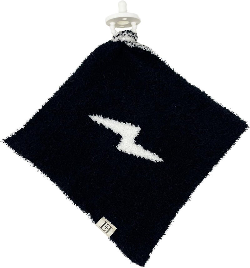 Leaps + Legends L+L USA Lightning Bolt Baby Lovey Pacifier/Teether Holder 10"x10" - DreamSoft Plush Fluffy Cuddly Soothie Reversible Mini Comfort Blanket - Newborn Gift Essential Babies Boys and Girls (Black/White) - Image 1